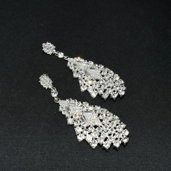 Vintage Long Rhinestone Wedding Earrings, Formal Bling 3 1/2 Inch Posts, 1990s - Picture 7 of 12